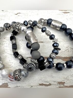 Elegant Black and Silver Beaded Bracelet Set